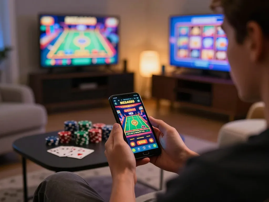 Exciting gaming atmosphere showcasing MEGA888 app interface on a smartphone surrounded by casino elements at home.