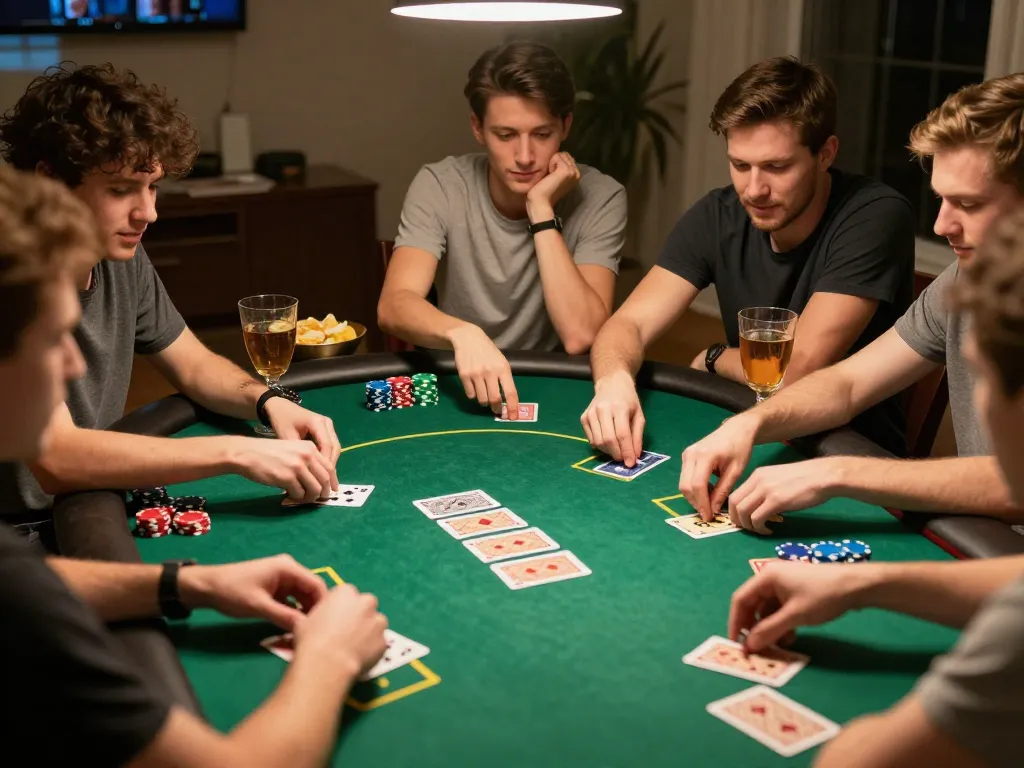 Sahabat menikmati malam poker di rumah dengan fokus intens pada permainan dan strategi, menangkap esensi atmosfer permainan aman788.