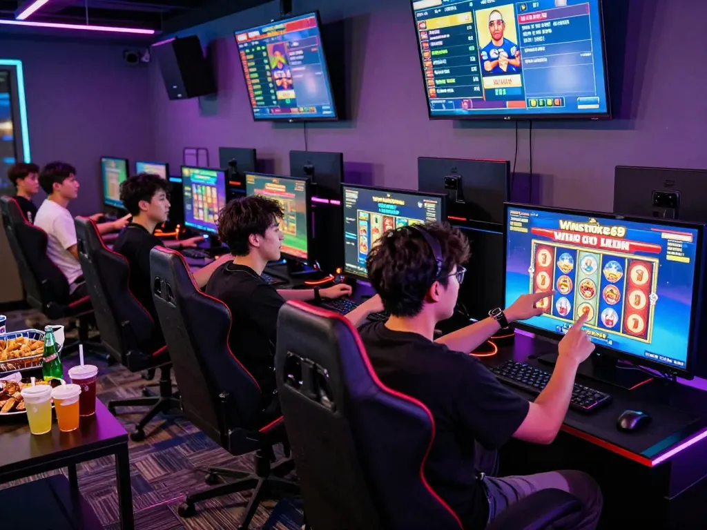 Exciting Winstrike69 gaming experience with players enjoying slot games in a vibrant lounge.