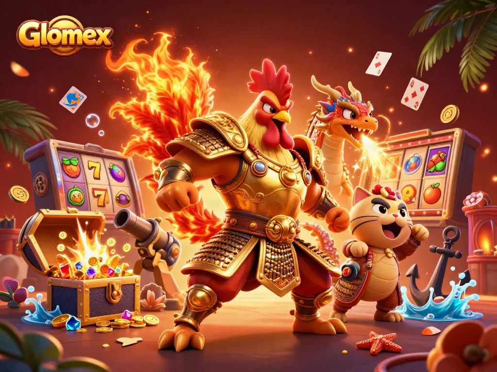 Engage with Glomex in a vibrant casino scene featuring slot reels and dynamic characters.