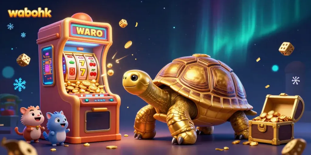 Experience the excitement of wabohk with a 3D slot machine jackpot explosion and a golden tortoise pinball!