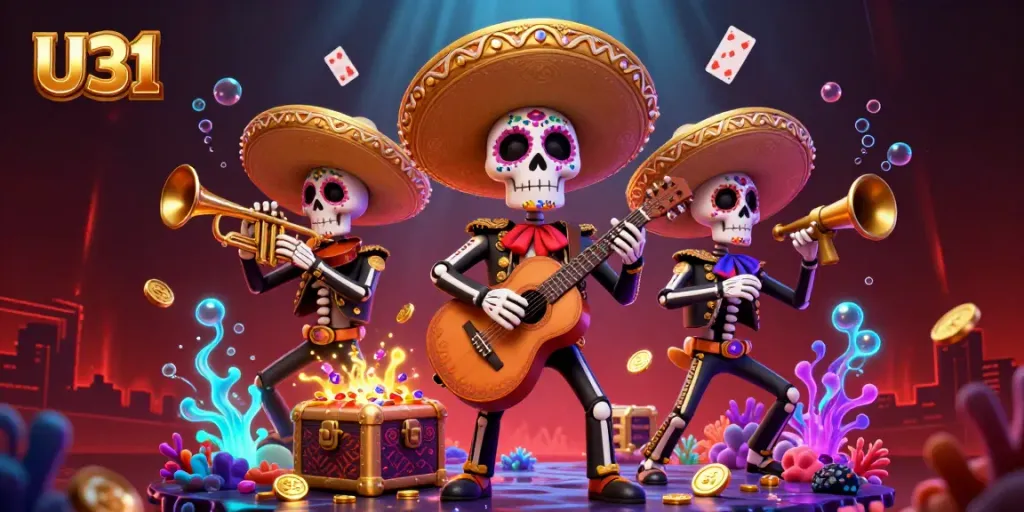 Experience thrilling gameplay with U31 as colorful mariachi skeletons celebrate casino adventures in vibrant 3D.
