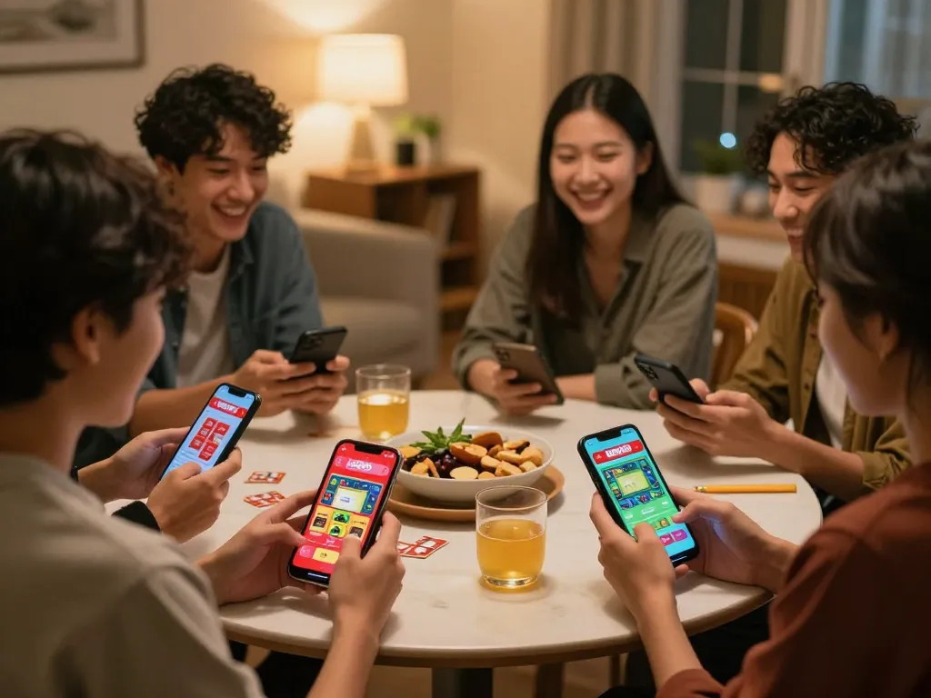 Friends using red88 app on smartphones during a fun casual gathering, showcasing interactive gaming.