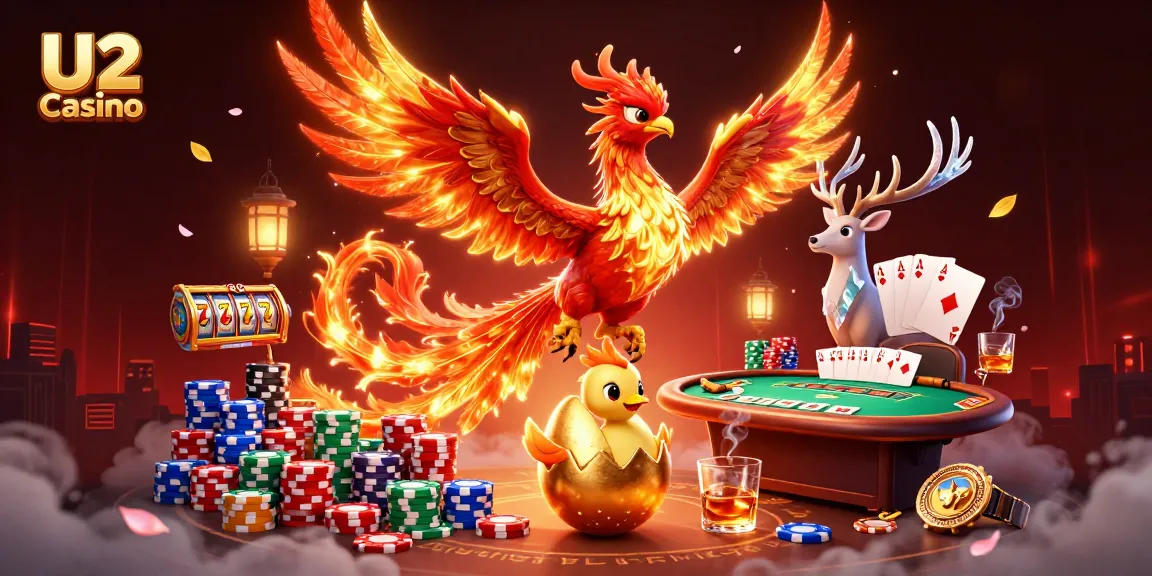 Experience U2 Casino magic with a vibrant phoenix and thrilling gaming symbols.
