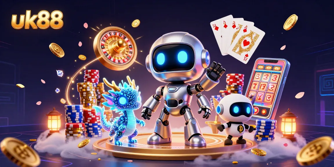 Experience thrilling gameplay at uk88 with vibrant 3D casino visuals, featuring robots and dragon companions.