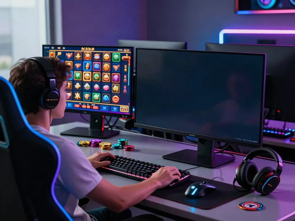 A player experiencing akunjp online slots in a vibrant gaming setup.