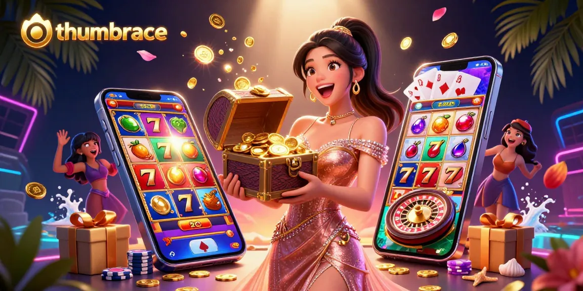 Experience the thrill with thumbbrace as golden coins and vibrant images erupt from the slot game!
