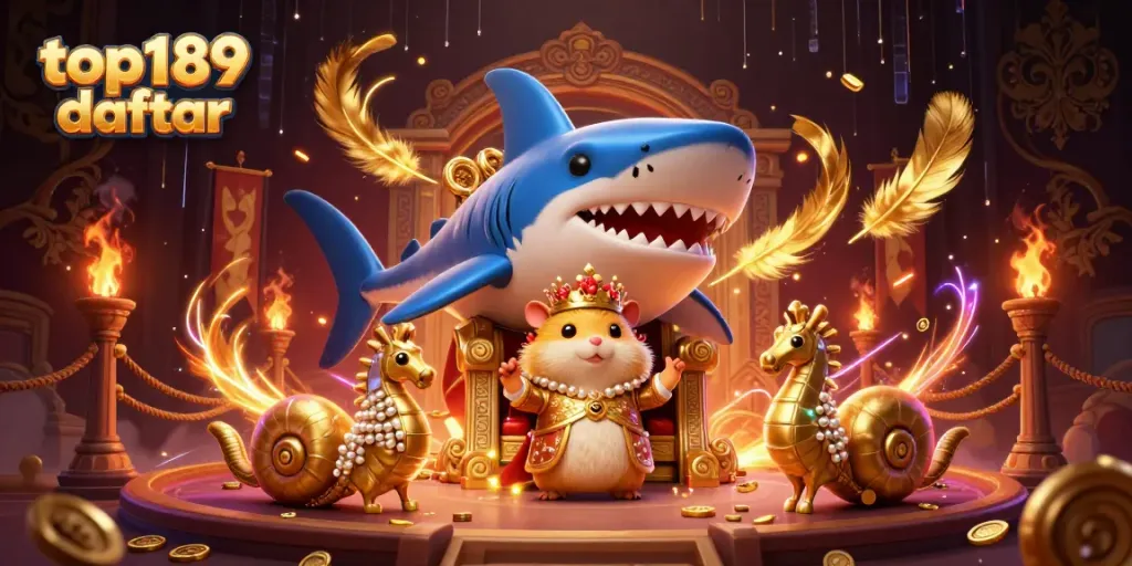 Engage with the majestic scene of top189 daftar featuring a tiny golden hamster king and his royal guards amidst a vibrant casino setting.