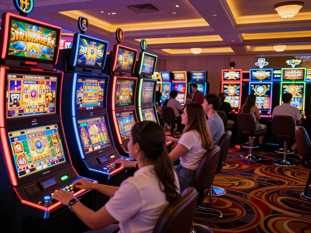 Engaging players enjoying situs slot machines in a vibrant casino environment with neon lights.