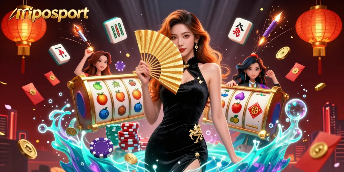 Mposport menghadirkan kegembiraan dengan elemen slot dan poker yang cerah, menampilkan seorang wanita Asia yang menakjubkan di tengah visual perayaan.