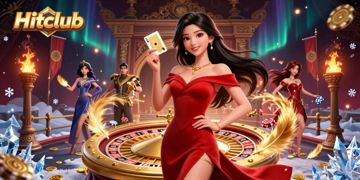 Engage with Hitclub as a stunning woman showcases a golden playing card at a vibrant casino scene.