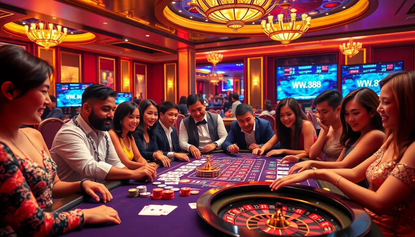 Exciting scene of players enjoying games at Trang chủ WW88 with poker chips, cards, and roulette.