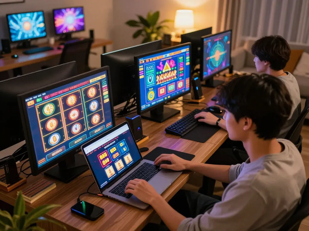 Player engaging with situs gacor online slot machines in a cozy home environment