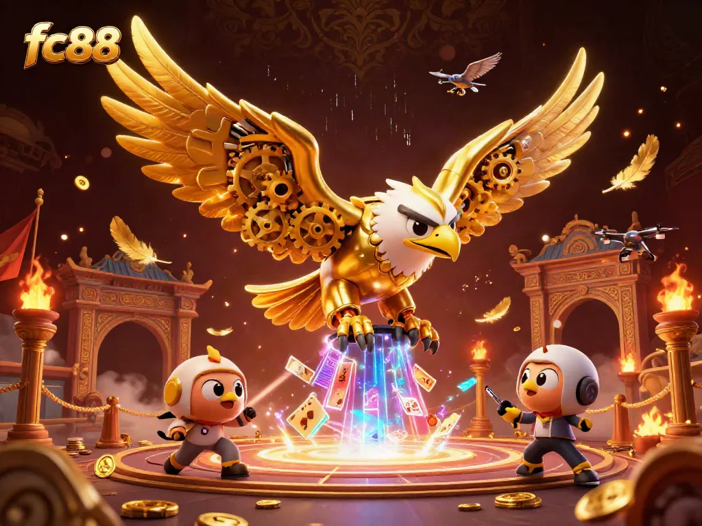Experience thrilling gameplay at fc88 with a vibrant clash of holographic cards and dynamic golden elements.