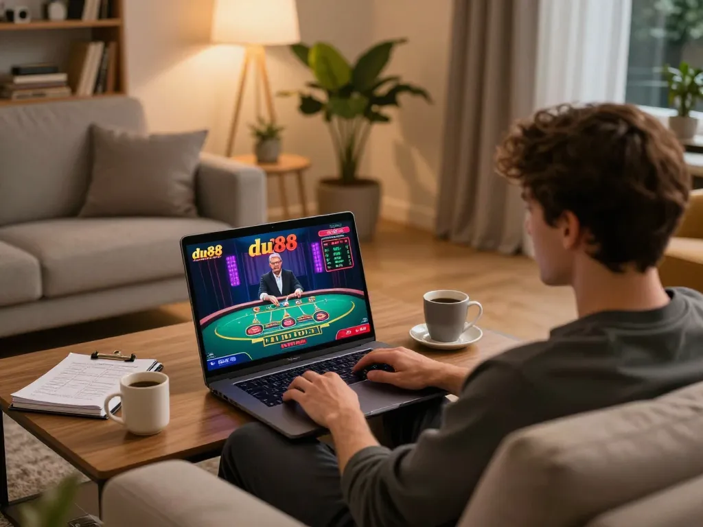 Engaging online gaming session focusing on du88 strategy with laptop and warm ambiance.