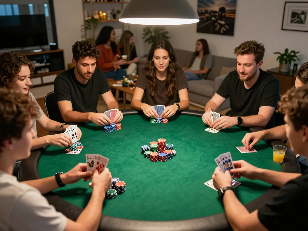 KJC poker players strategizing during an exciting home game night, vibrant atmosphere.