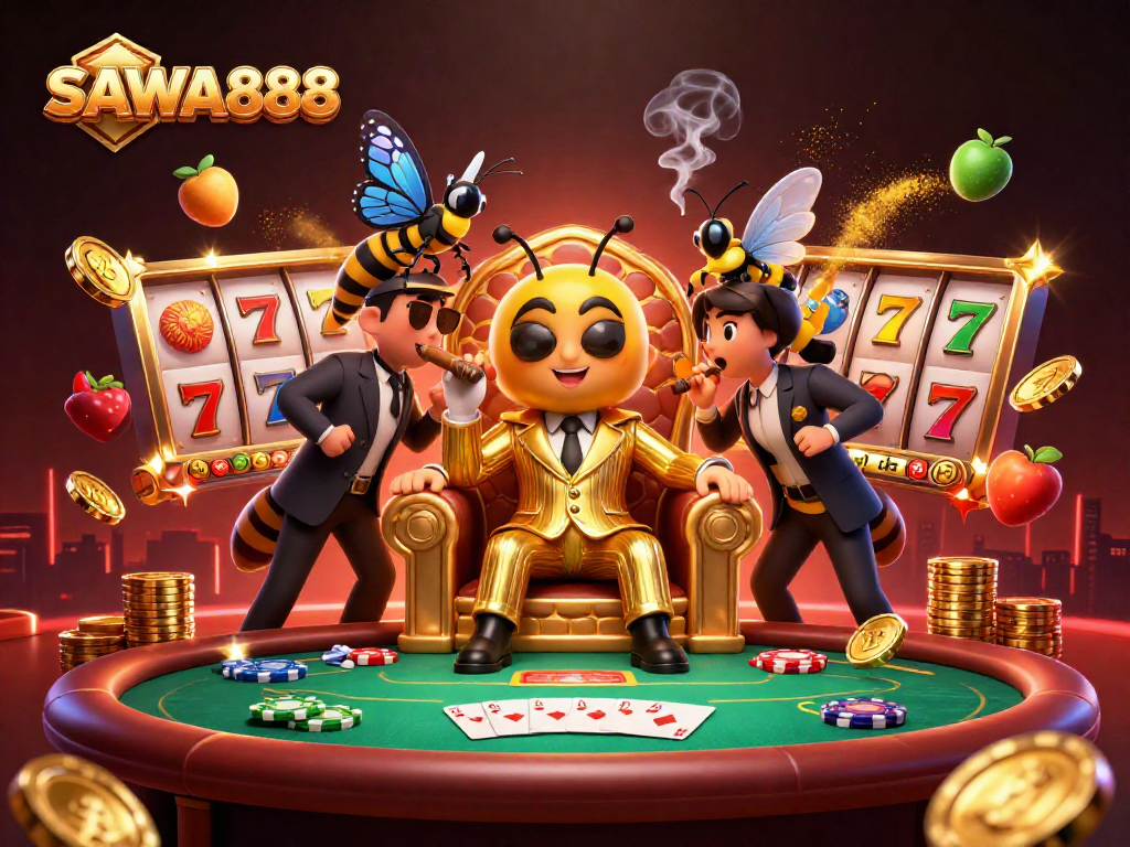 Experience the excitement of SAWA888 with vibrant slot reels and engaging characters in a dynamic casino atmosphere.