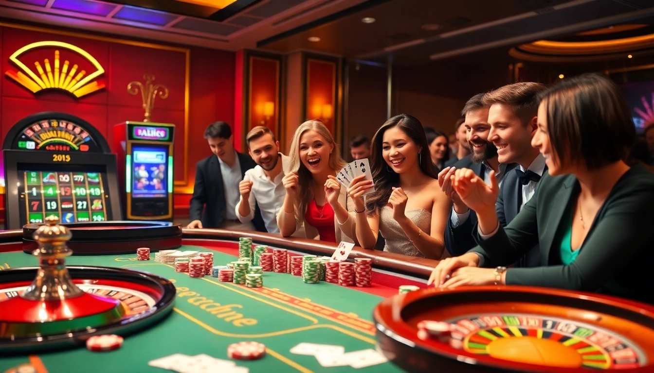 Experience the excitement of gambling at https://fb88.style/ with dynamic players at a luxury casino table.