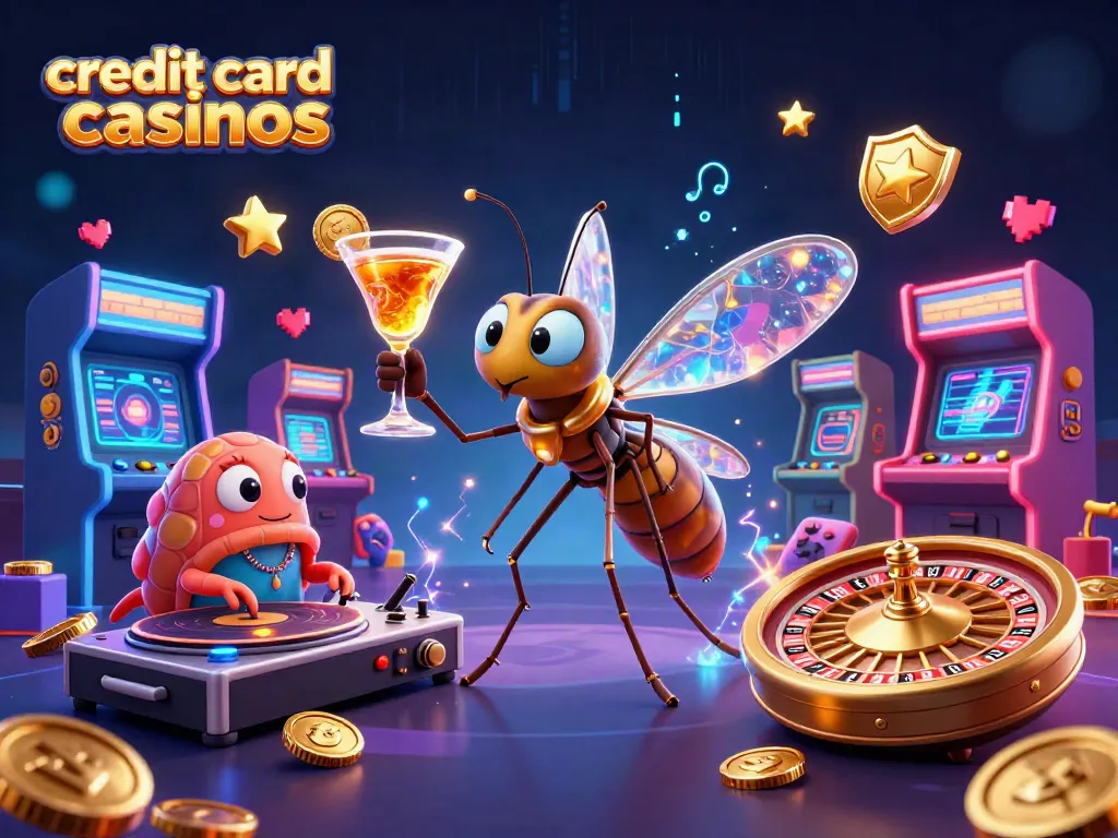 Engage with credit card casinos featuring a lively 3D cartoon scene with vibrant casino characters and game elements.