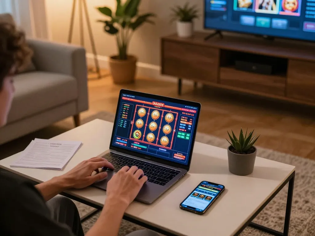 Engaging in Canada online casinos on laptop in a cozy home setting, highlighting strategic gameplay.
