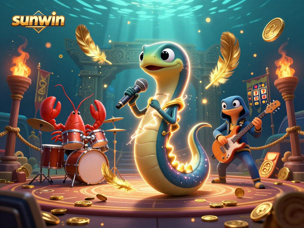 Experience thrilling wins at Sunwin with an electrifying underwater casino concert featuring vibrant characters.