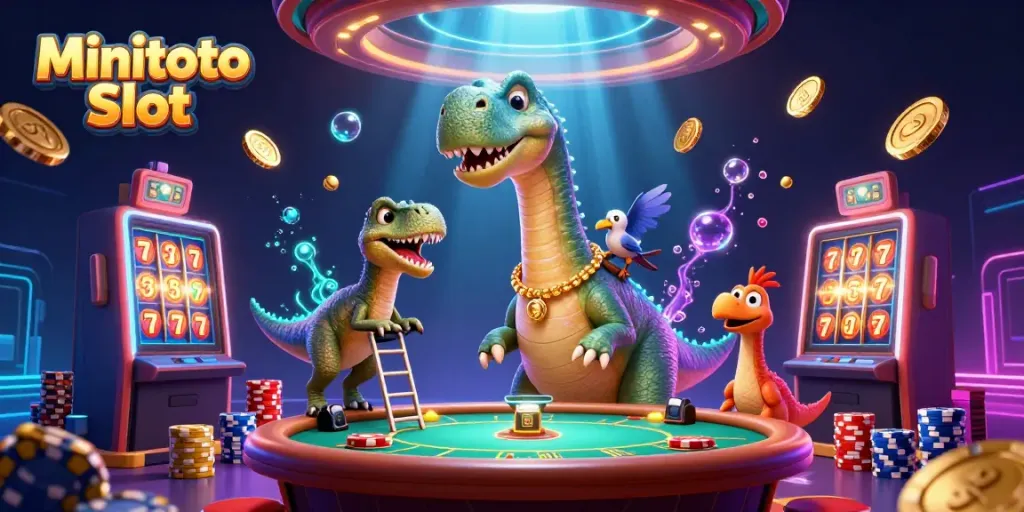 Ilustrasi Minitoto Slot menampilkan brontosaurus dan raptor di kasino, memanjat mesin slot.