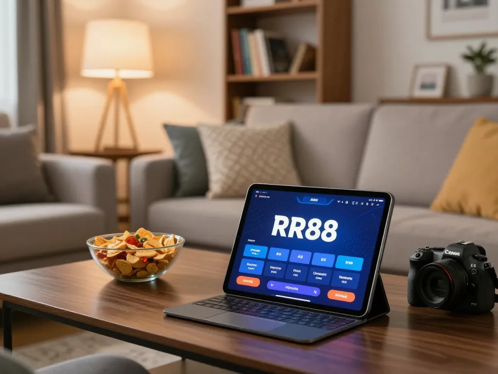 Engage with the RR88 App in a cozy home setting, showcasing the thrill of online gambling.