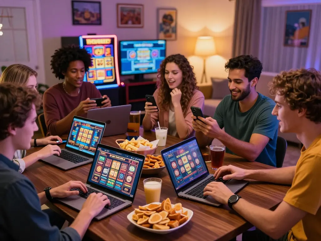 Exciting Zeus138 online gaming scene with players enjoying slots and vibrant casino decor at home.