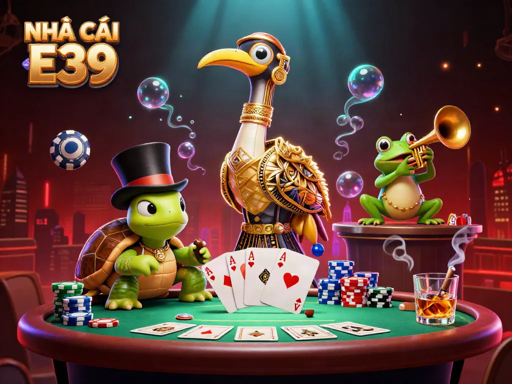Engaging scene at NHÀ CÁI E39 featuring vibrant characters and poker elements in a lively casino environment.