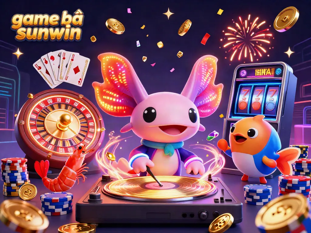 Experience the thrill of game bài sunwin with neon characters DJing, gold coins flying, and a vibrant casino atmosphere.