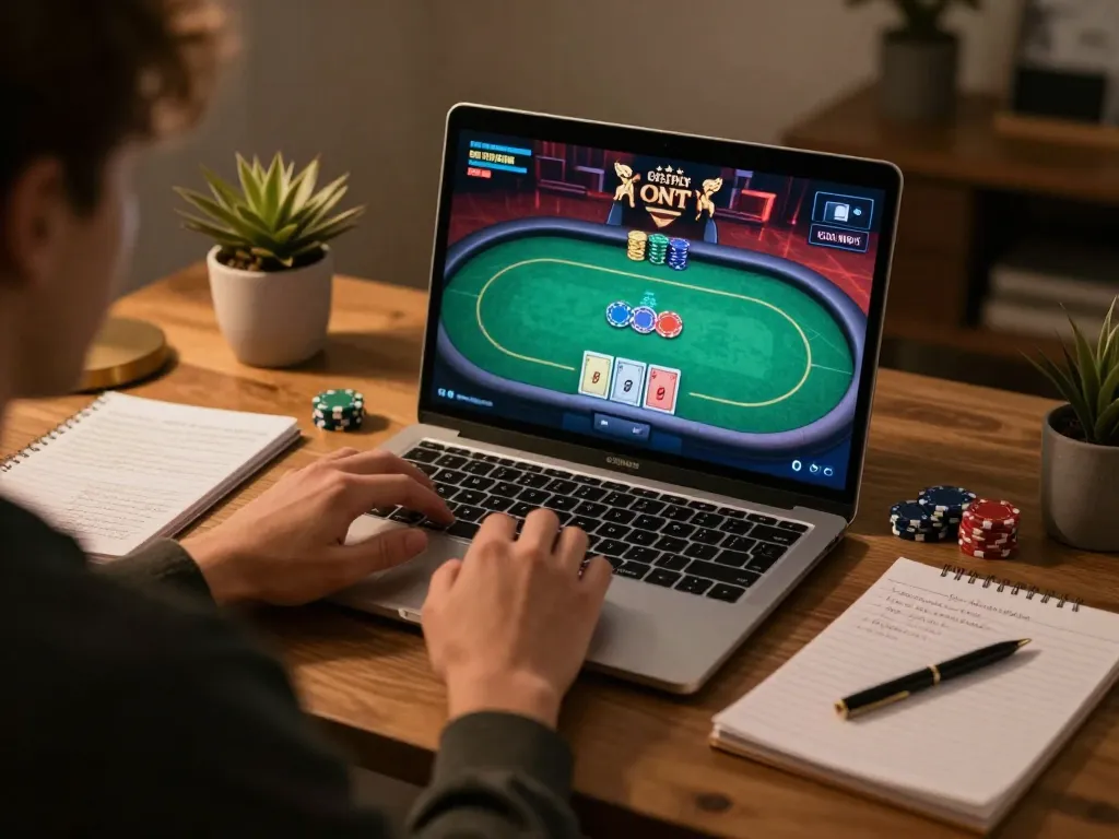 tic88 platform showcasing exciting online poker gameplay and strategic notes in cozy home setting