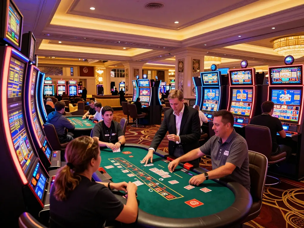Players enjoying games at Luck8 casino, vibrant atmosphere with dealers and slot machines.