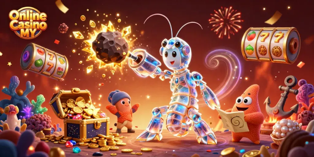 Experience the excitement of Online Casino MY with a dynamic 3D gaming adventure featuring a galactic mantis shrimp.