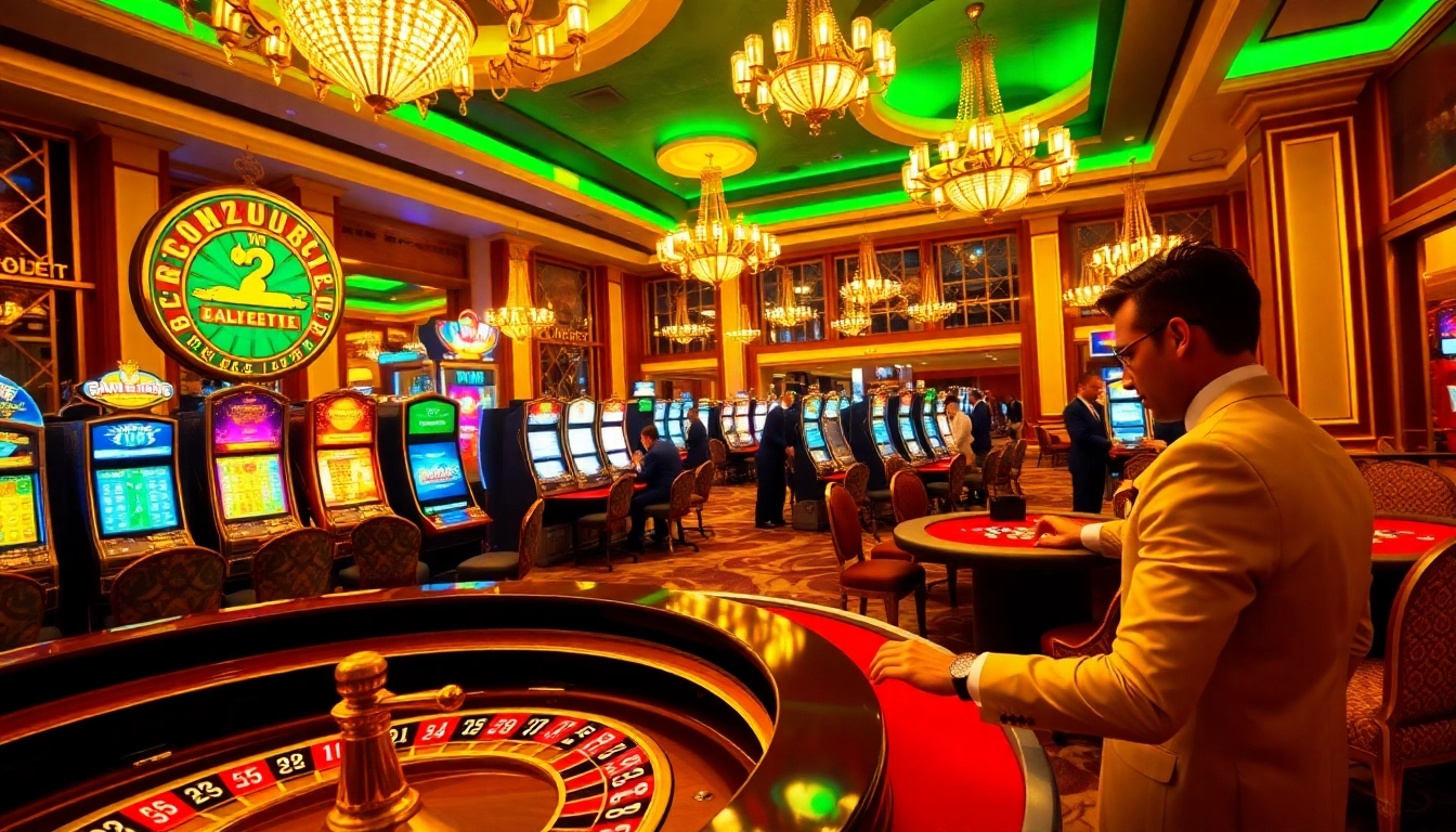 SODO players engaging at a luxurious casino table, surrounded by vibrant slot machines and a roulette wheel.
