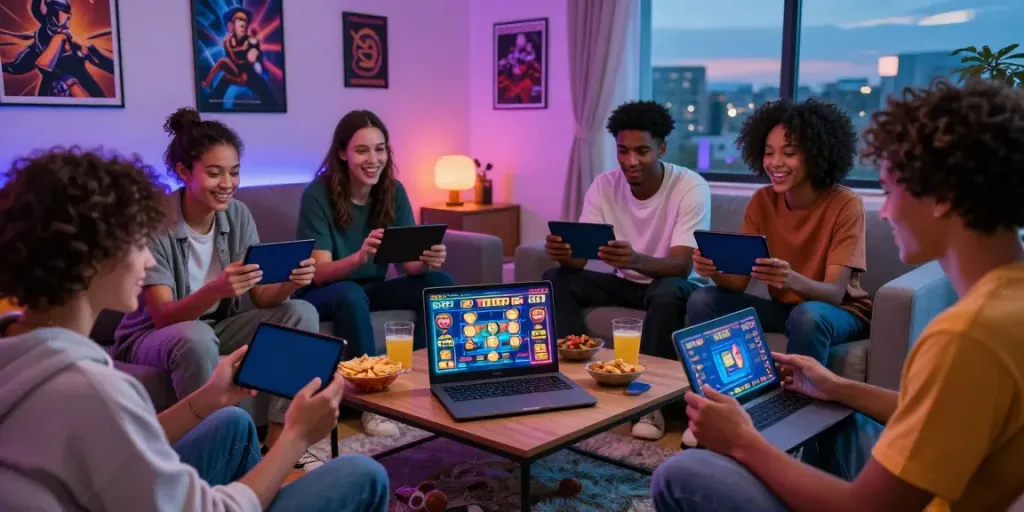 Friends enjoying SLOT TOTO games on a laptop in a cozy living room with snacks and drinks.