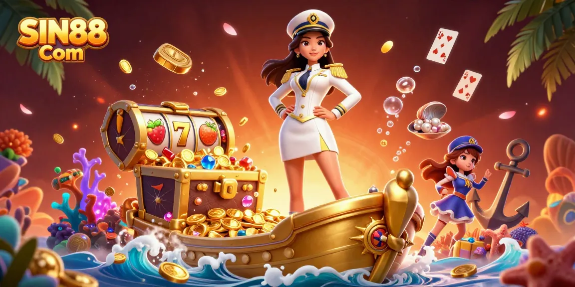 Spin winners into action with SIN88 Com's vibrant 3D casino illustration filled with gold treasures.