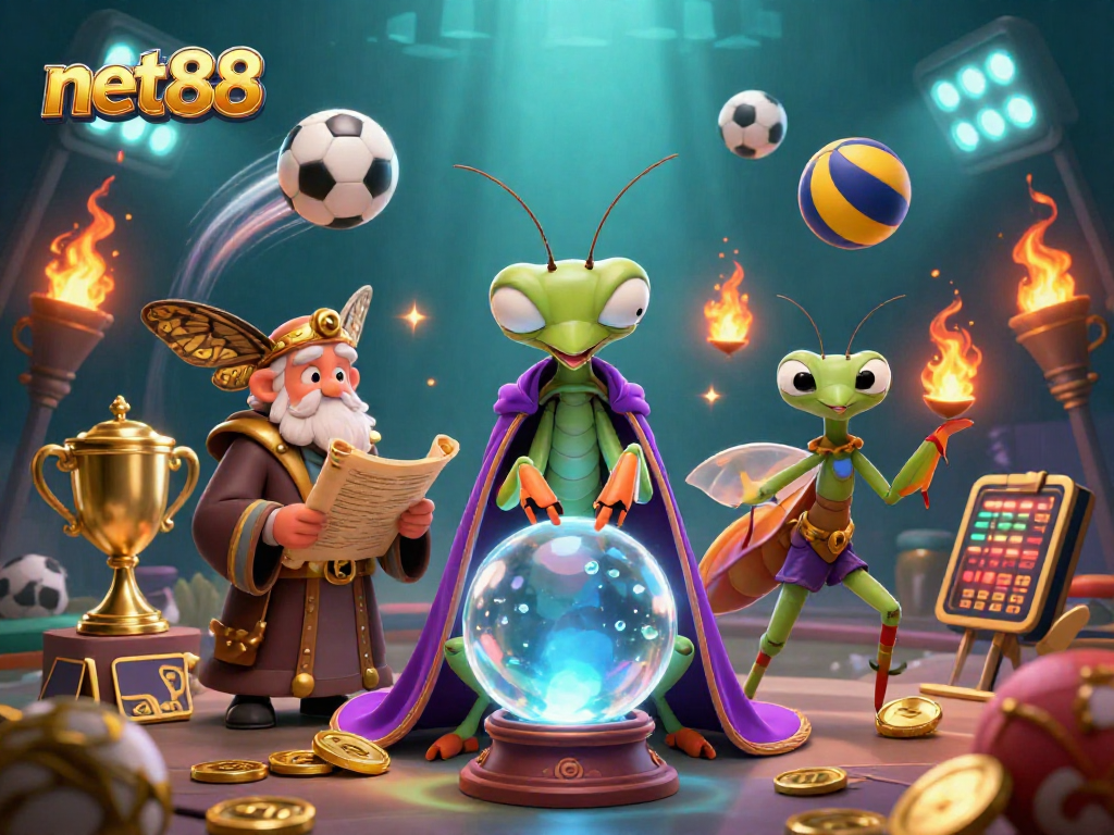 Experience thrilling sports betting with net88 featuring a whimsical fortune teller and vibrant game elements.