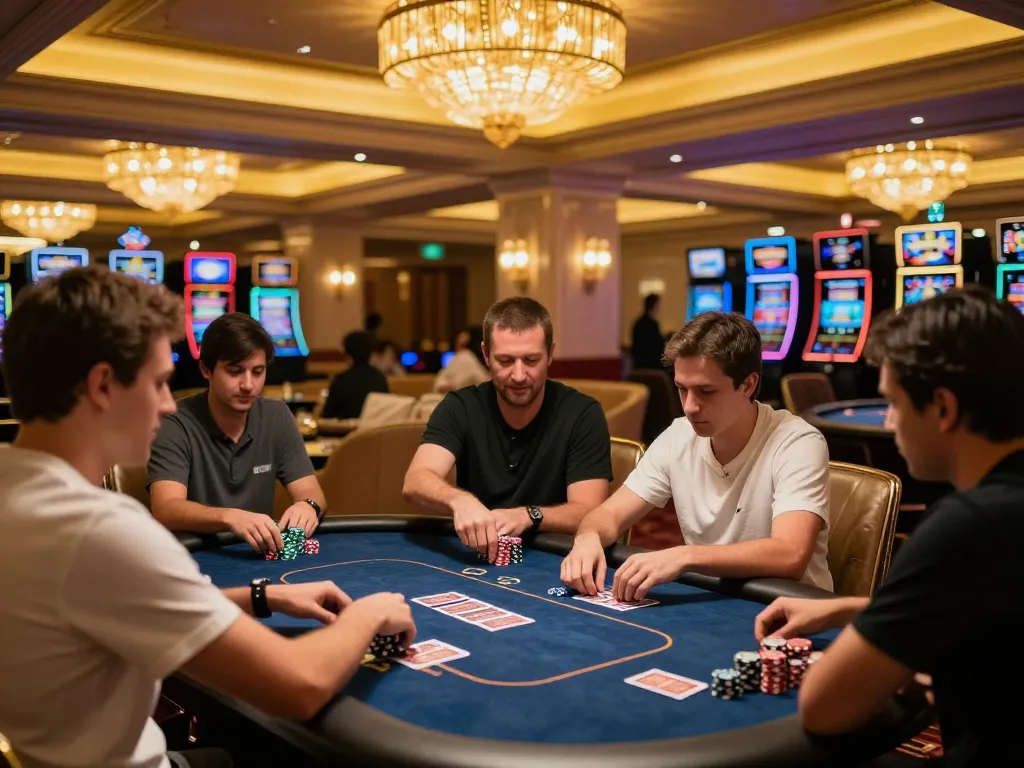 iWin players strategizing at a high-stakes poker table in a luxurious casino lounge