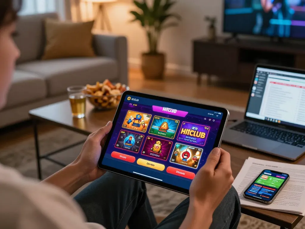 Hitclub player enjoying online games on tablet in cozy home environment with strategic notes.