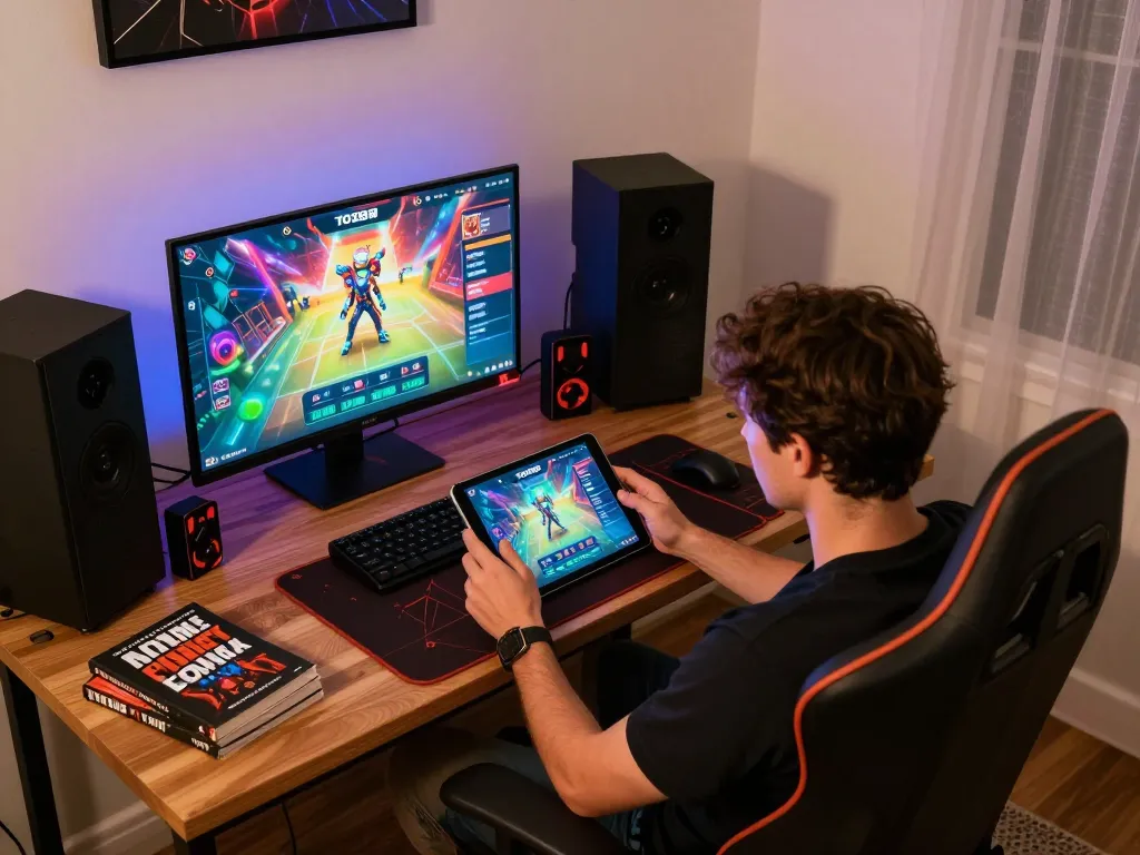Player engaging in gambling on TO288 platform using tablet in cozy home setup with vibrant gaming atmosphere.