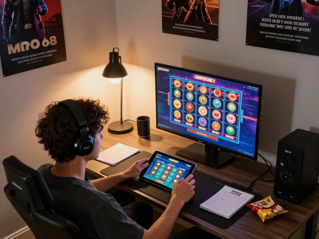 MPO08 user engaged in interactive online gaming on tablet, showcasing vibrant gameplay atmosphere