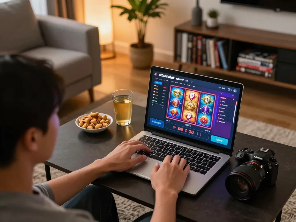 Engaging player immersed in situs slot gacor gameplay on a vibrant online gaming setup.