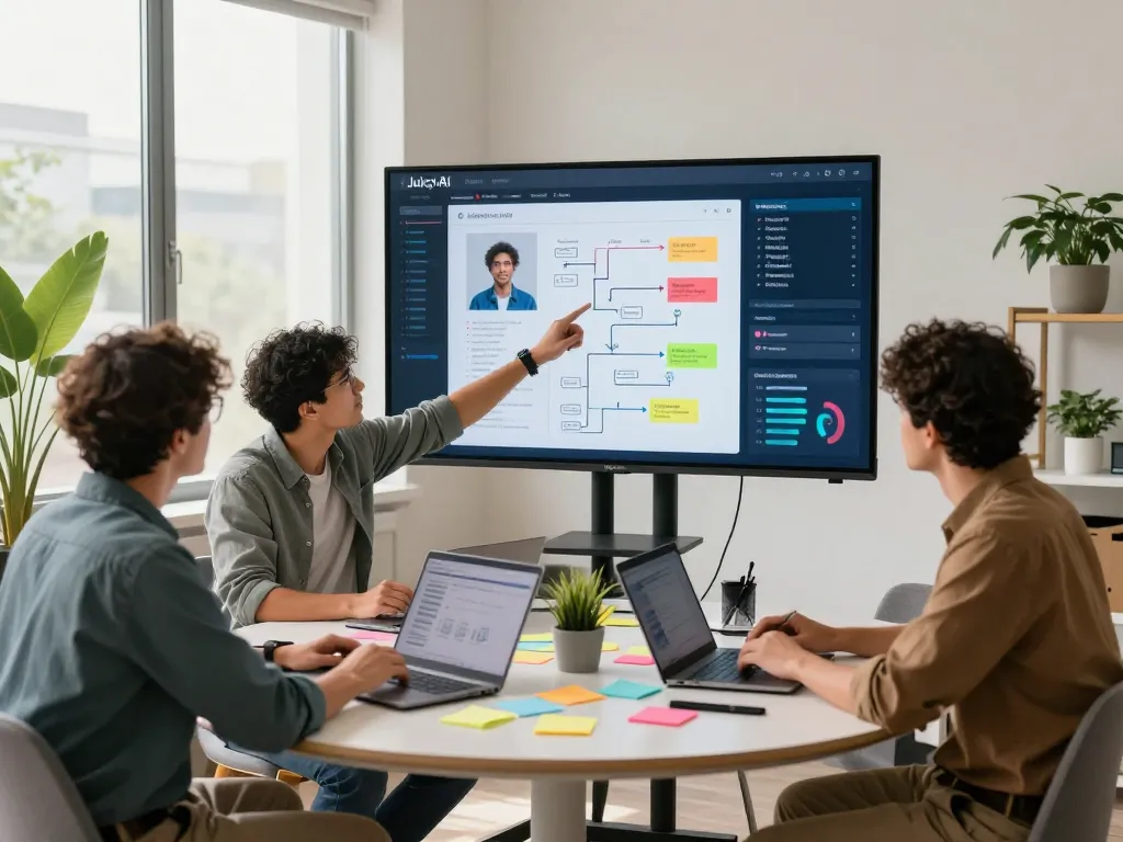 Collaborative team discussing Juicy AI at a modern workspace, showcasing tech interaction.