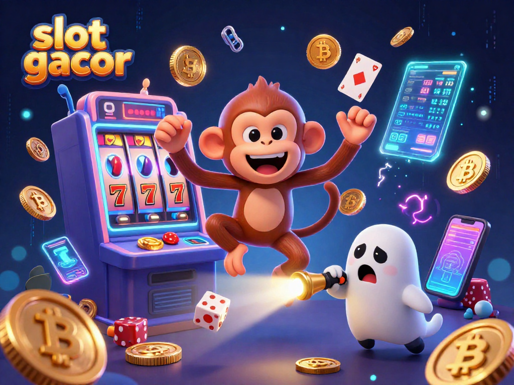Play exciting slot gacor games amidst golden coins and juggled prizes in a vibrant digital casino.