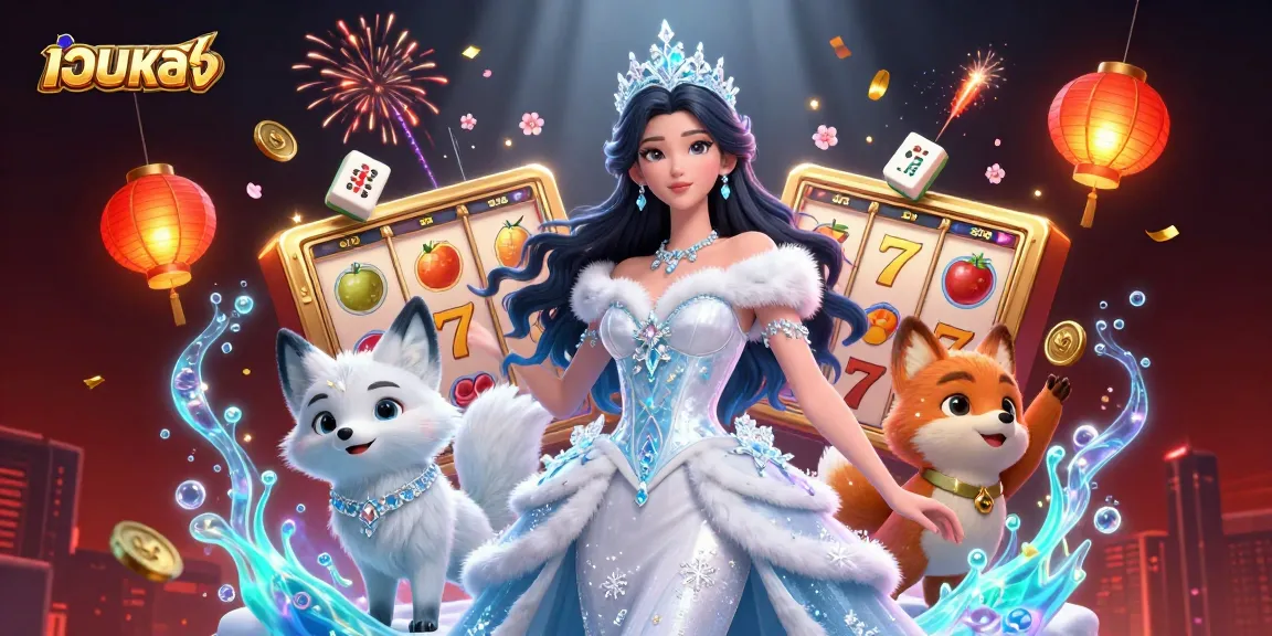 Engage with เว็บตรง in a vibrant casino scene featuring a stunning woman in a glamorous gown among lively slot and gaming elements.