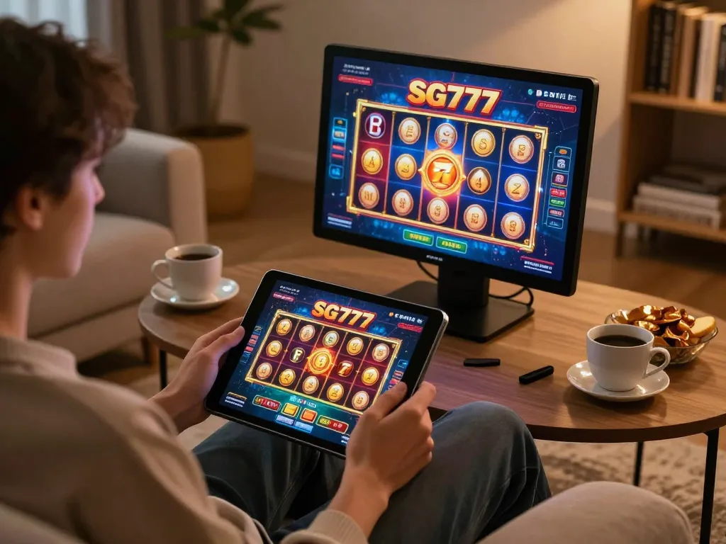 Engaging in SG777 online casino gaming on a tablet, set in a cozy home atmosphere.