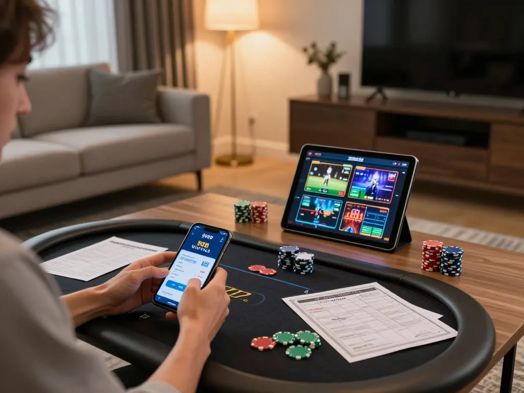 Engaging with the SC88 VIP app on a smartphone in a cozy home gaming setup, featuring poker chips and notes.