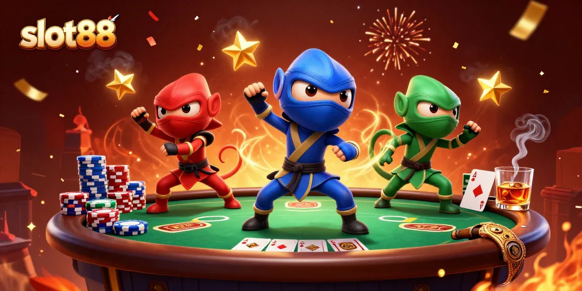 Slot88 menampilkan tim ninja chameleon beraksi dengan elemen kasino penuh warna dan permainan poker
