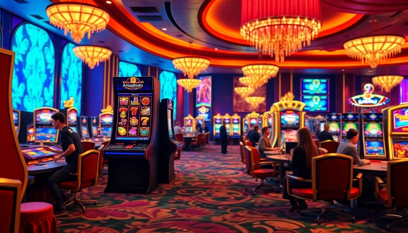 Players enjoy the Amanahtoto slot machine experience in a vibrant casino environment.