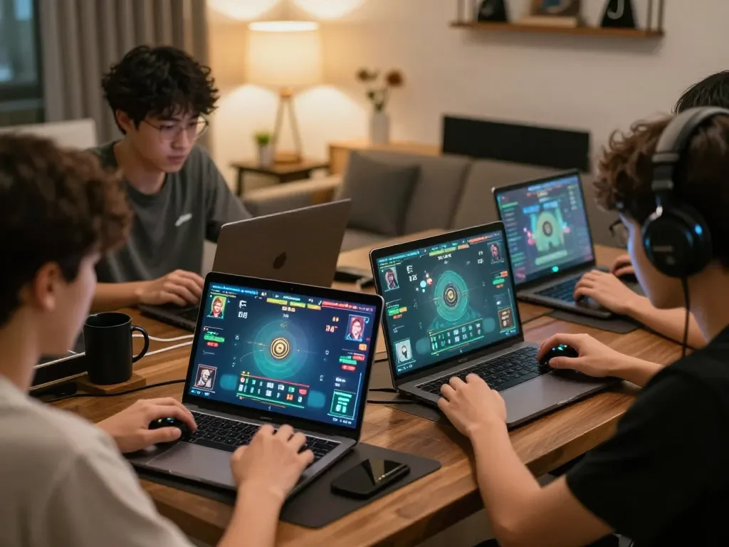 MPO08 online tournament players strategizing their game on laptops in a cozy home setup.